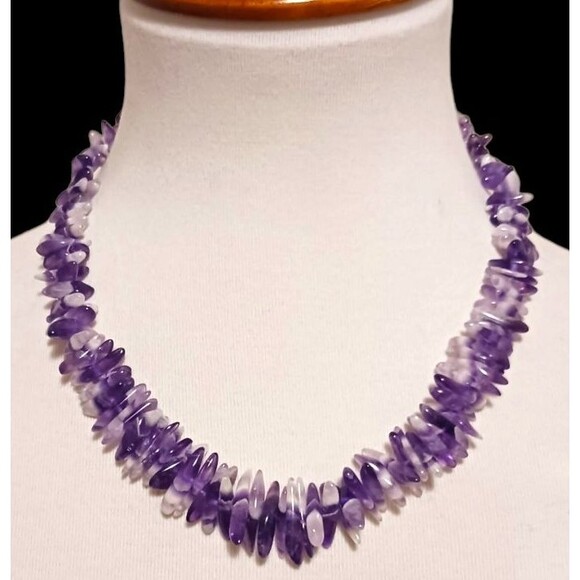 VTG Polished Amethyst Semi Precious Stone Sticks 18" Necklace Sterling Silver - Picture 1 of 6